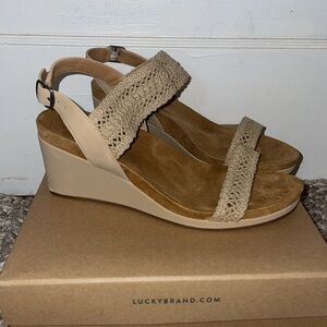 Lucky Brand Koenn Travertine Crochet wedge sandals with ankle straps